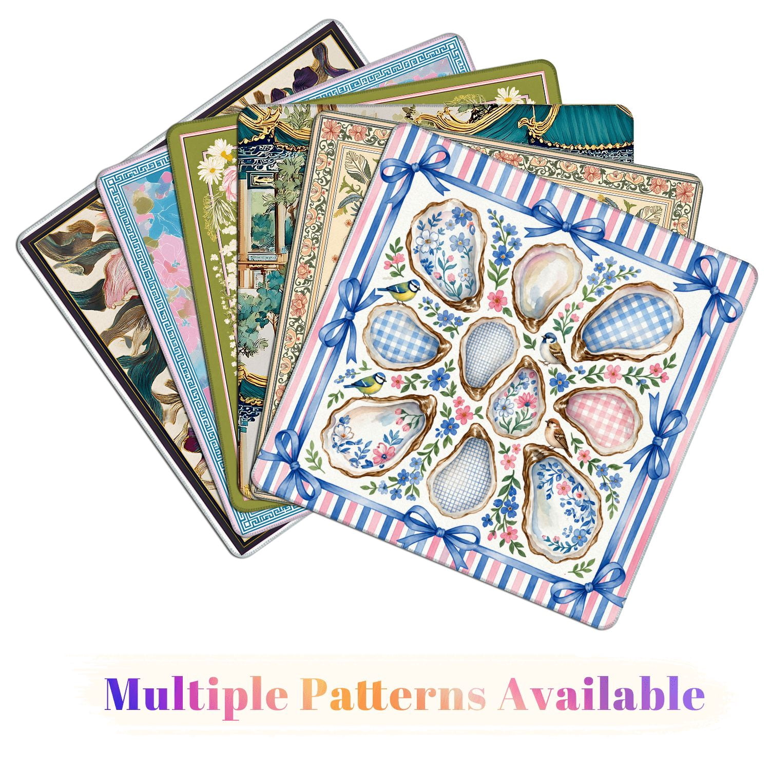 Mahjong Mat 31.5" x 31.5" Oyster Watercolor Floral Gingham Seashells Birds Pink Blue Stripe Non-Slip Noise Reduction American Mahjong Tiles Table Cover for Dominoes Poker Card Board Games Gift