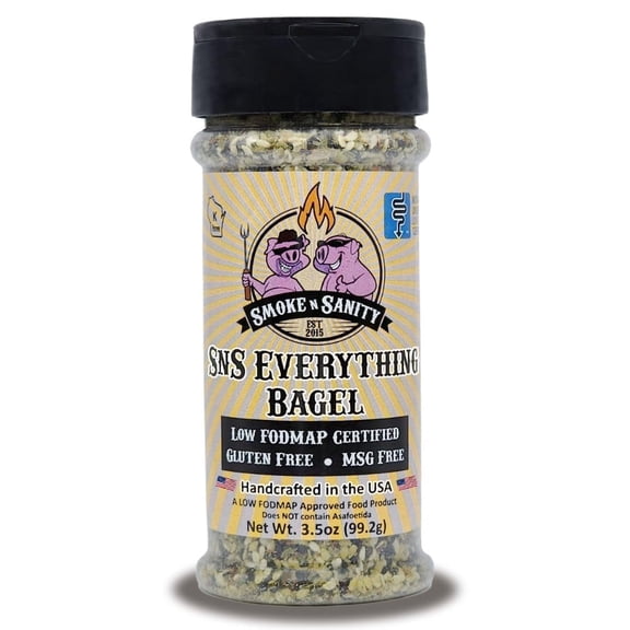 Smoke n Sanity SnS Everything Bagel Seasoning - Monash Certified Low FODMAP - Gluten-Free - Certified Kosher - Dairy-Free - Low FODMAP Food - Vegetarian (3.5 oz Shaker)