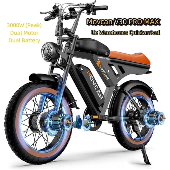 Movcan V30 PRO MAX 3000W(Peak) Dual Motor,48V*15.6AH Dual Battery Electric Bicycles,Hydraulic Brakes 7-Speed Full Suspension UL2849,20" Fat Tire Electric Motorcycle Bike