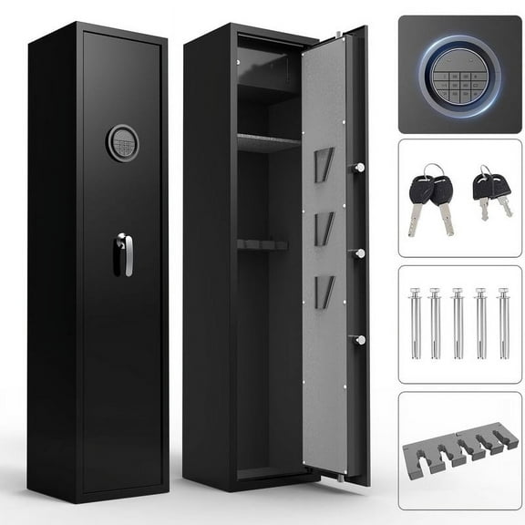 5-6 Long Gun Safe, Large Gun Safe For Home Rifles And Pistols, Biometric Quick Access Heavy-Duty Gun Cabinet, Rifle Safe With Adjustable Gun Racks And Removable Shelf, No Assembly Required