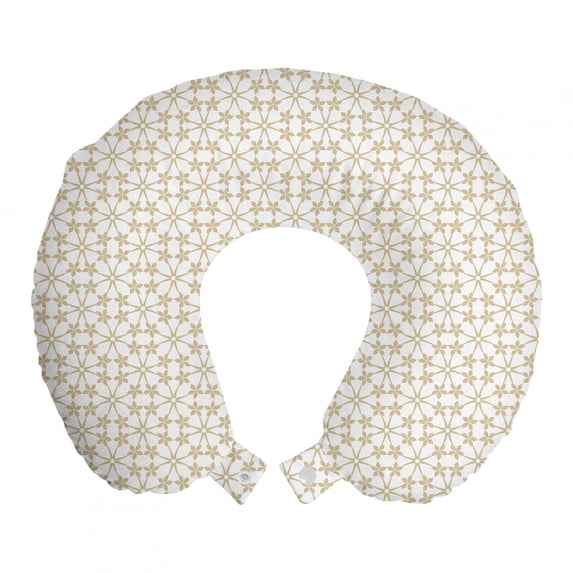 Beige Travel Pillow Neck Rest, Abstract Floral Pattern with Star Design Nature Illustration Circular Arrangement, Memory Foam Traveling Accessory Airplane and Car, 12", Tan White, by Ambesonne
