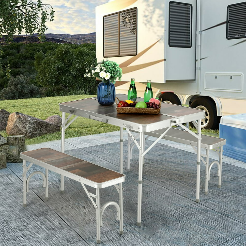 MF Studio 3PCS Camping Table Sets with 2PCS Aluminum Bench Set and 1PC
