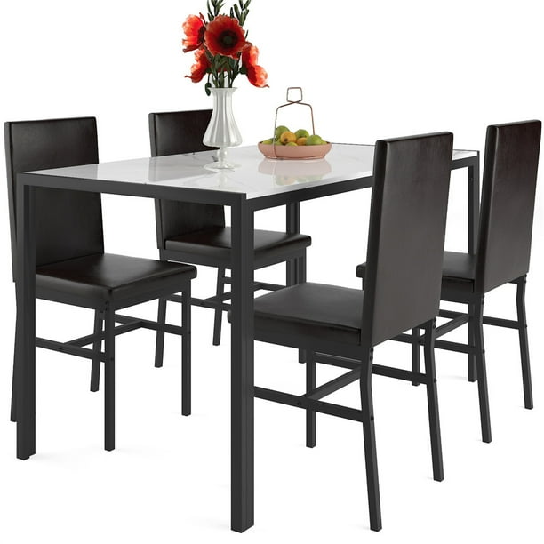 Dining Table Chairs Set of 4, 5 Piece Dining Table Sets with Espresso PU Leather Chairs, Heavy