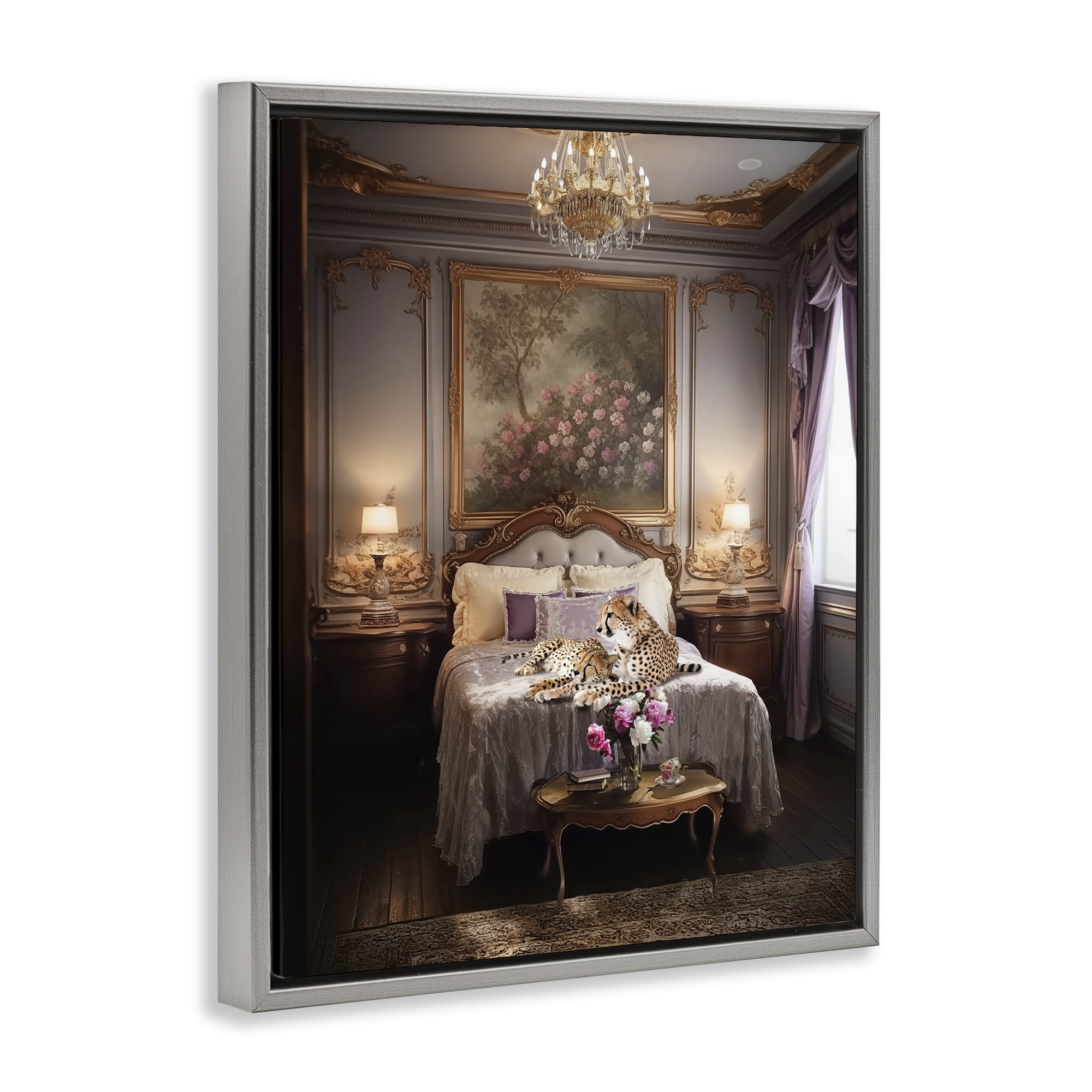 Stupell Industries Cheetah on Regal Bed Animals Painting Gray Floater Framed Canvas Art Print Wall Art, 25 x 31