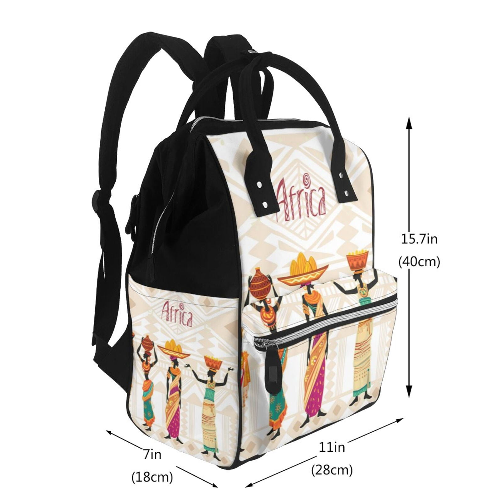 Ratiio Black African Woman Mummy Backpack - Waterproof Twill Canvas, Large Capacity Diaper Bag with Multiple Pockets and Adjustable Straps
