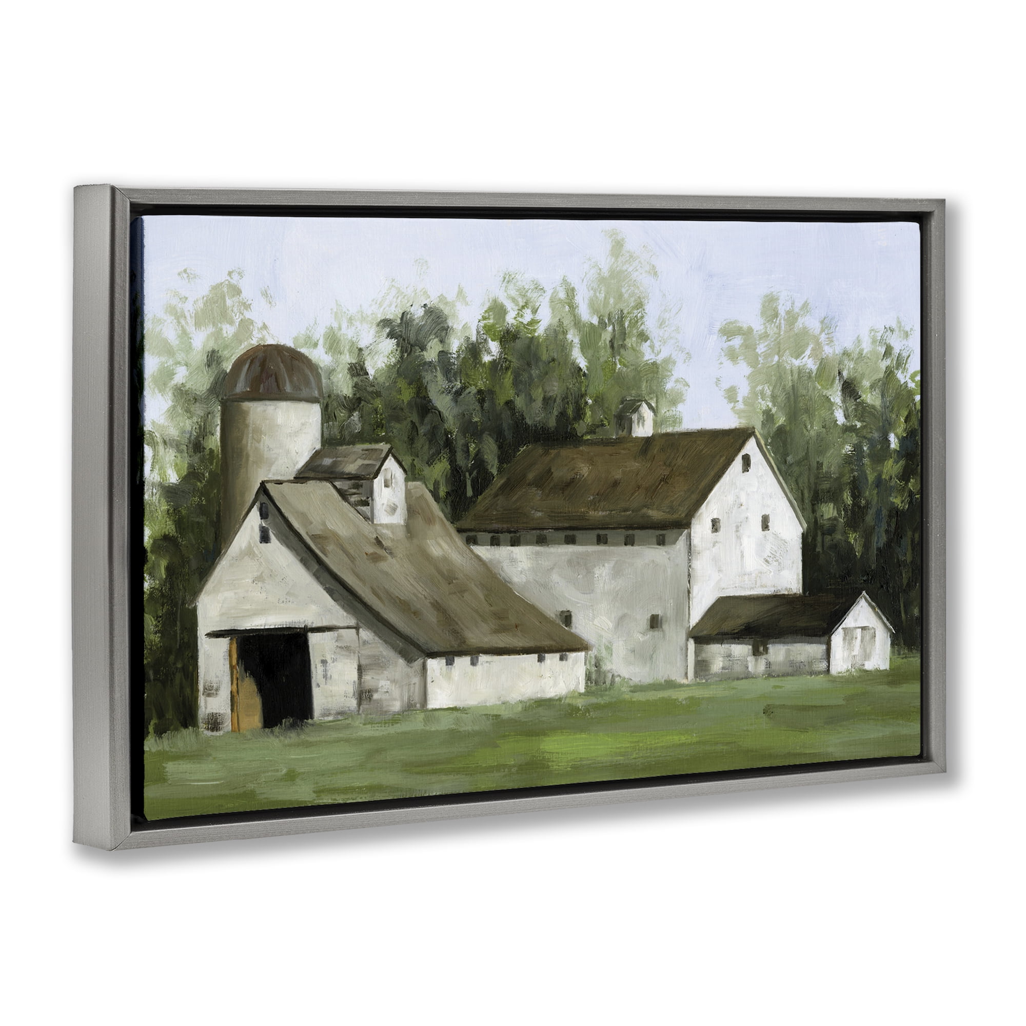 Stupell Industries White Barn Farmhouse Landscape Painting Gray Floater Framed Canvas Art Print Wall Art, 25 x 17