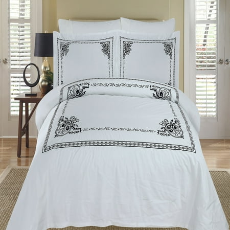 Full Queen Size Athena White Black Embroidered Duvet Cover Set