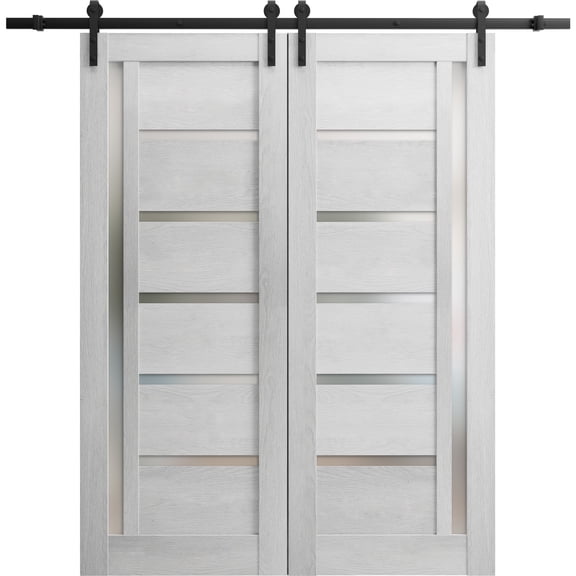 Sturdy Double Barn Door 56 x 80 inches | Quadro 4088 Light Grey Oak with Frosted Glass | Stainless Steel 13FT Rail Hangers Heavy Set | Solid Panel Interior Doors