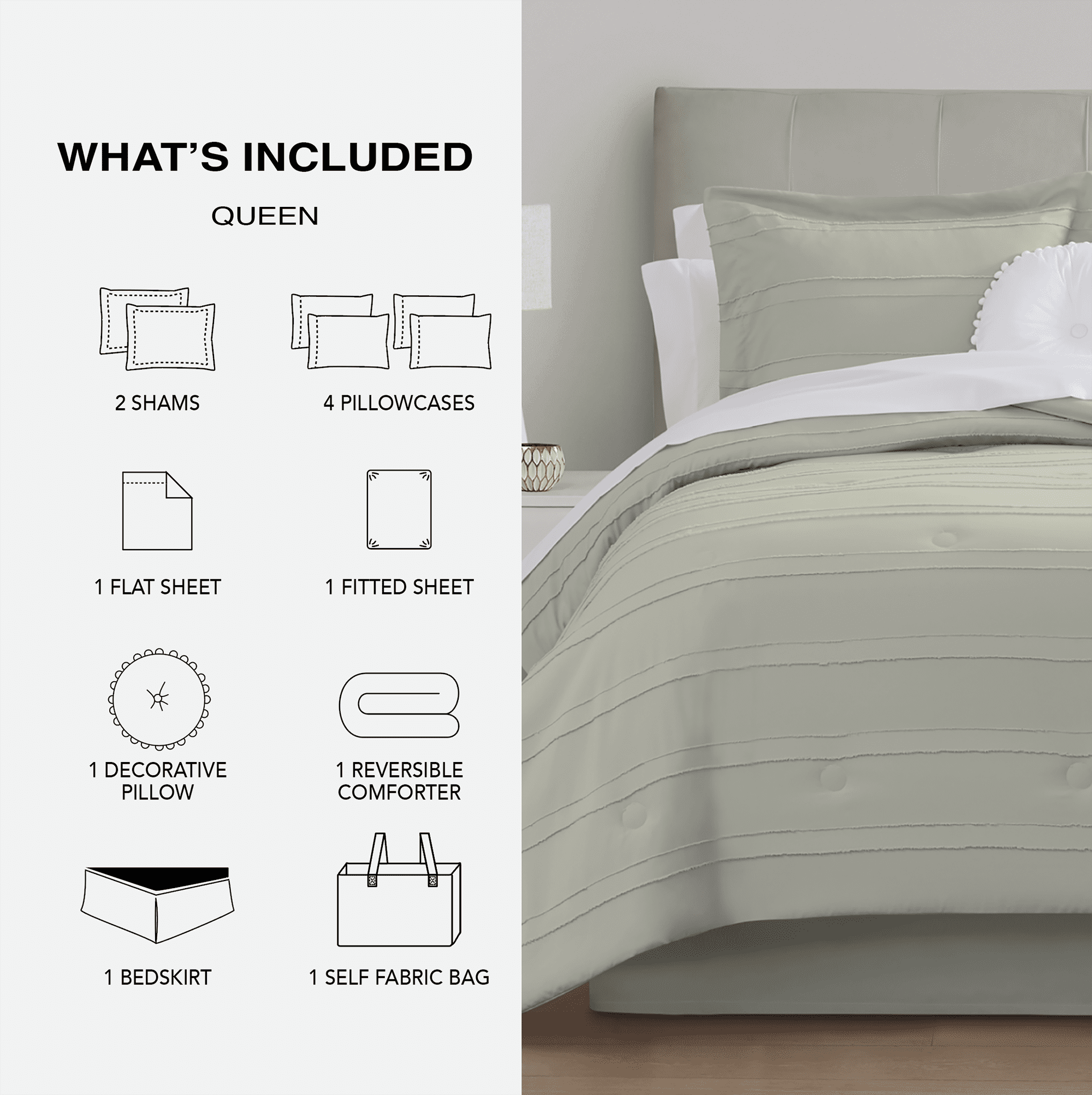 Mainstays All in One Reversible Comforter and Sheet Set- 11 Piece, Queen, Soft Sea