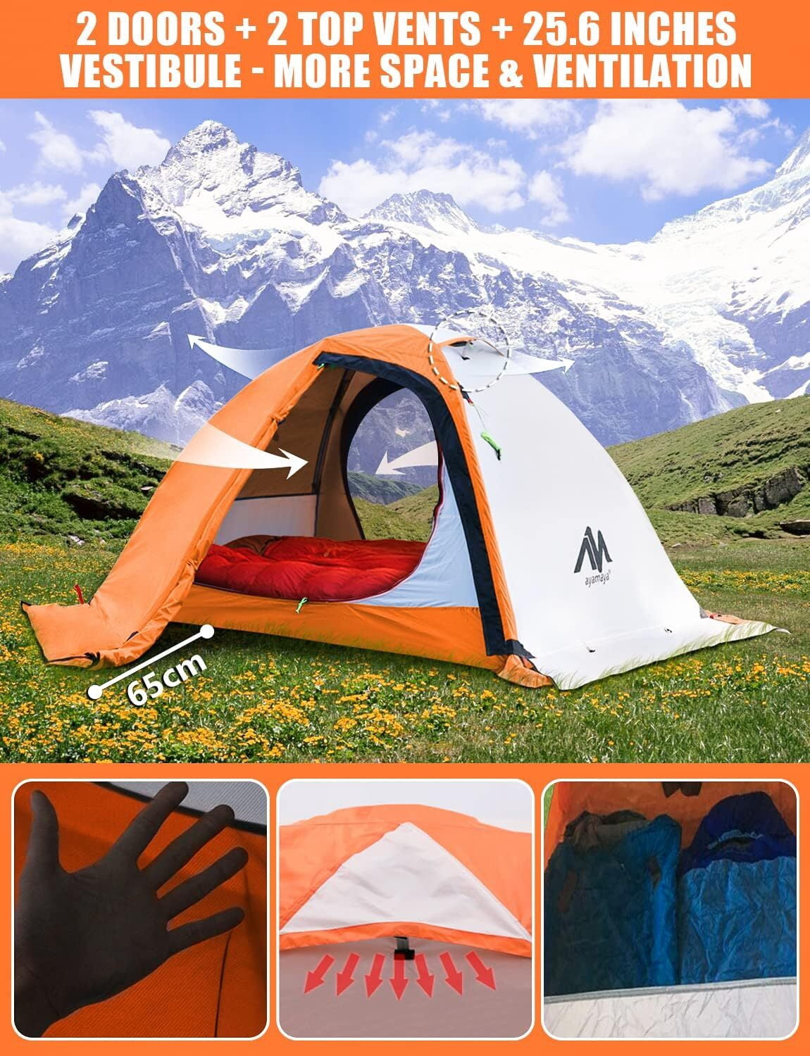 IC ICLOVER 4 Season Backpacking Tent for 2 Person Ultralight Waterproof All Weather Double Layer Camping Tents for Backpacker Outdoor Hiking Survival - Orange