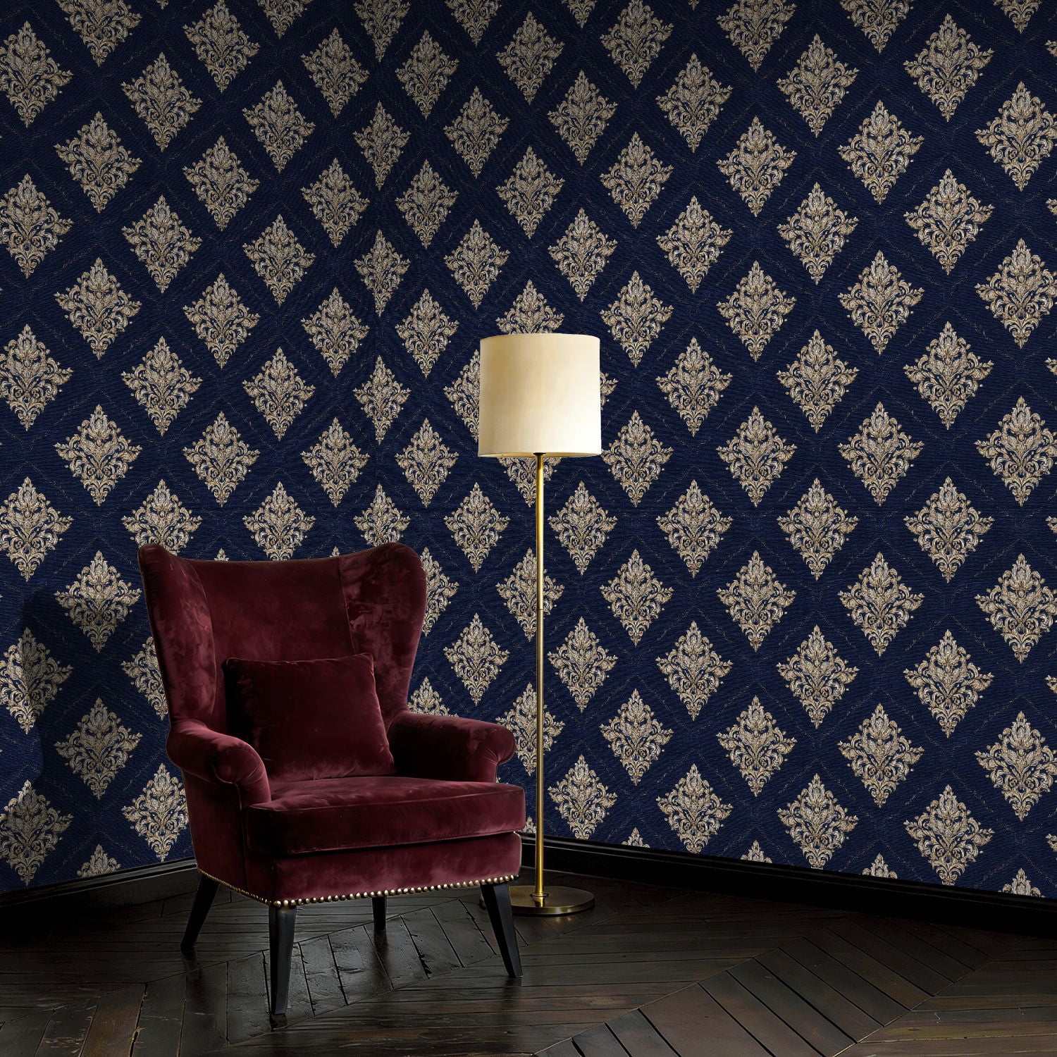 Baroque Peel and Stick Wallpaper Vintage Luxury Damask Ornate Gold Floral Navy Wall Mural 17.7in x 9.8ft Self Adhesive Removable Wall Paper Renter Friendly Wallpaper for Bedroom Livingroom Men