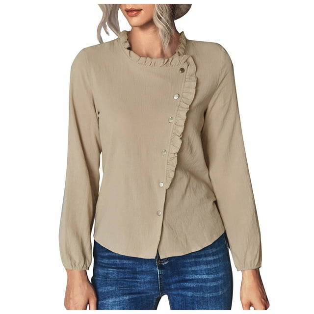 Blouse polyester à Manches Longues Col Rond Couleur Unie Ample Intelligente pour Femmes (Kaki, L)