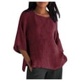 thumbnail image 2 of Danhjin Women Cotton Linen Shirts Summer Casual 3/4 Sleeve Crew Neck Loose Plus Size Blouse Side Split Solid Color Tops - Deals of the Day, 2 of 6