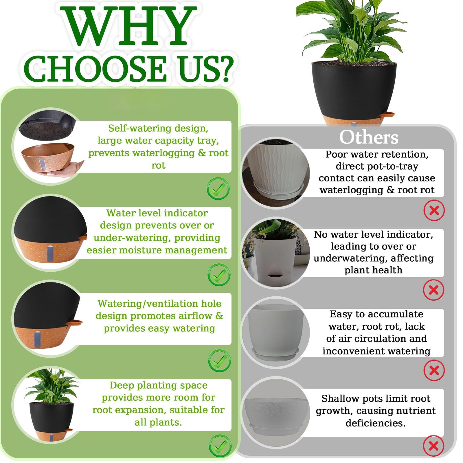 2 Pack 10 inch Plant Pots, Plastic Self Watering Planters with Drainage Holes, Deep Reservoir, Water Level Indicator, Modern Decorative Flower Pots for Indoor Outdoor Plants (Black, 10 inch)