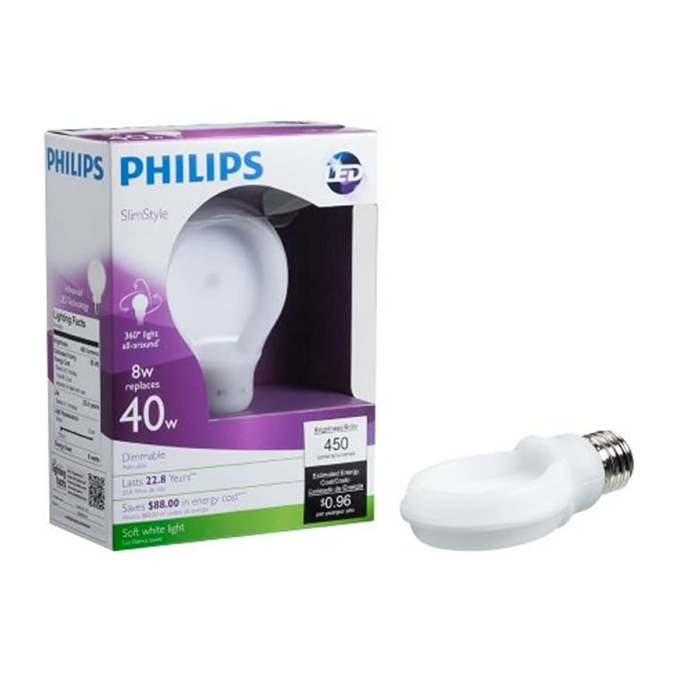 Philips LED Dimmable SlimStyle A19 Frosted Light Bulb: 2700-Kelvin, 8-Watt (40-Watt Equivalent), E26 Base, Soft 1-Pack -
