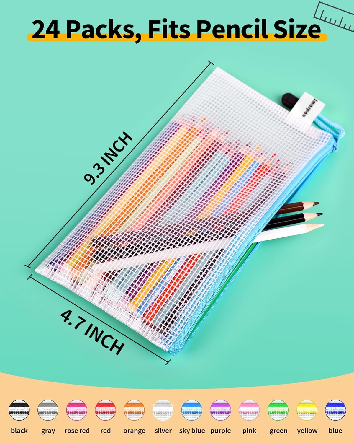 24pcs Mesh Zipper Pouch, 8 Sizes 8 Colors Plastic Zipper Bags for Organizing, Multipurpose Waterproof Zipper Document Pouches for Office, Travel, Home Board Game Storage