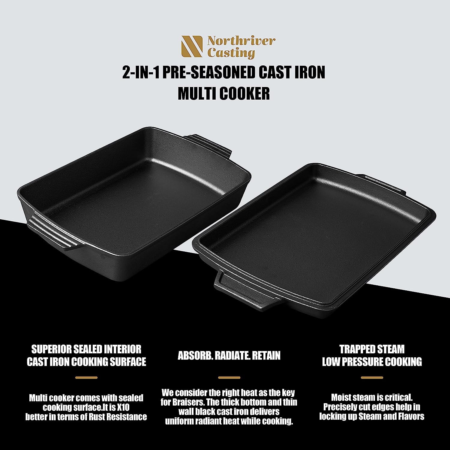 2-In-1 Pre Seasoned Cast Iron Dutch Oven With Skillet Lid,Casserole Dish,Rectangular Baking Pan,Griddle Pot Set, 6QT, 9"x13"
