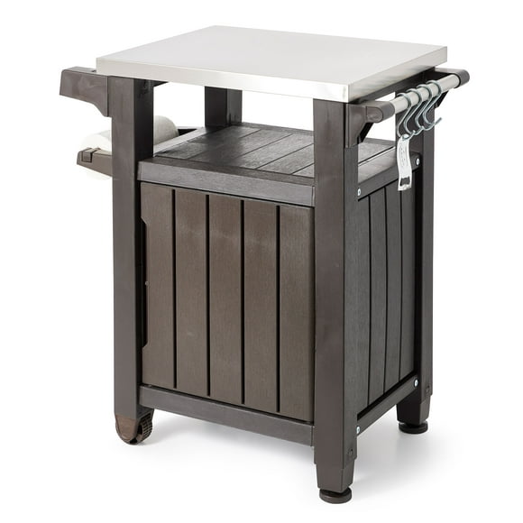 Keter Unity 40 Gal Patio Storage Grilling Bar Cart w/Stainless Top, Brown