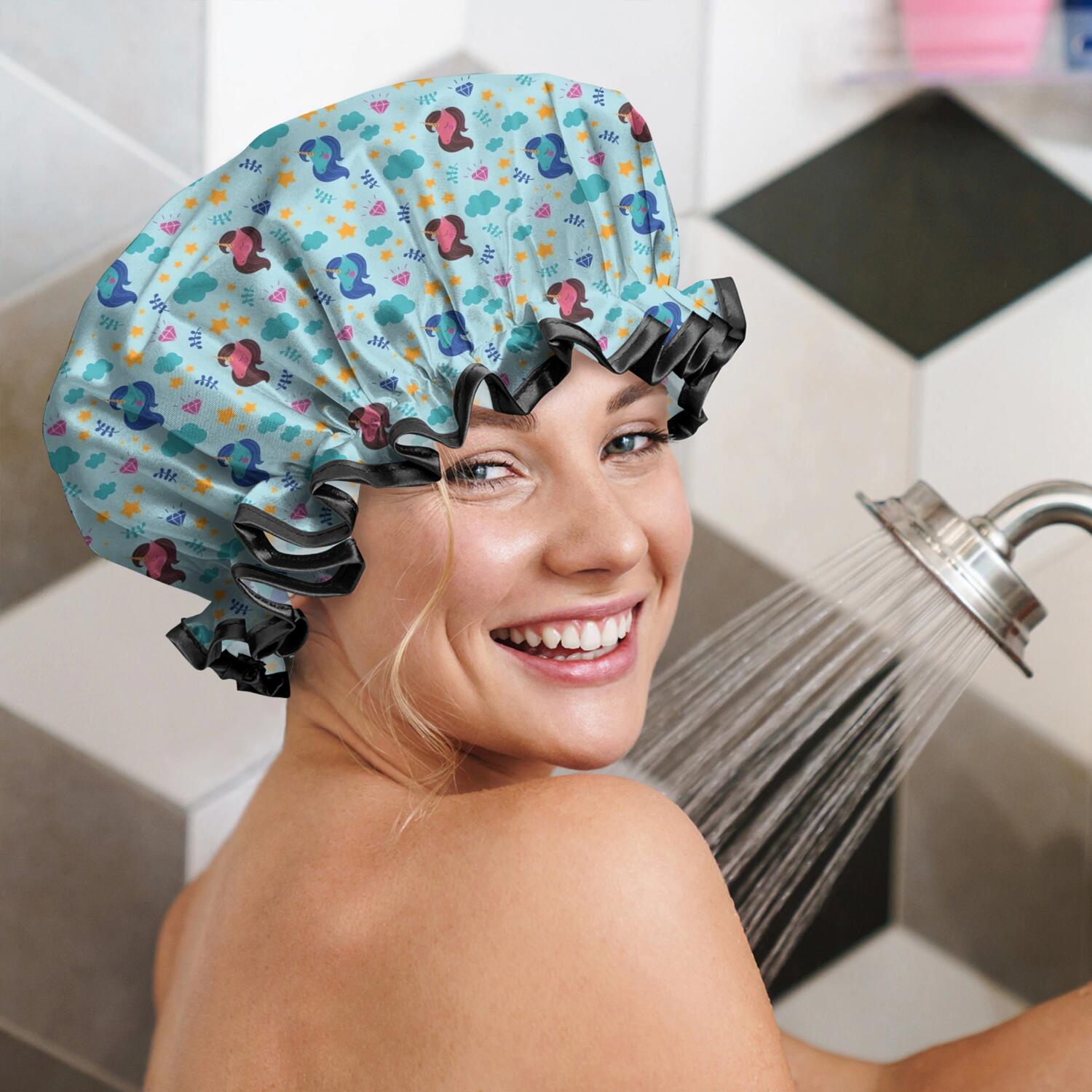 Shower Caps,Blue Cartoon Unicorn Star Cloud Pattern Waterproof Shower Cap for Women 4 Pieces,Double Reusable Hair Cover for Shower PEVA Elastic Stretch Hem