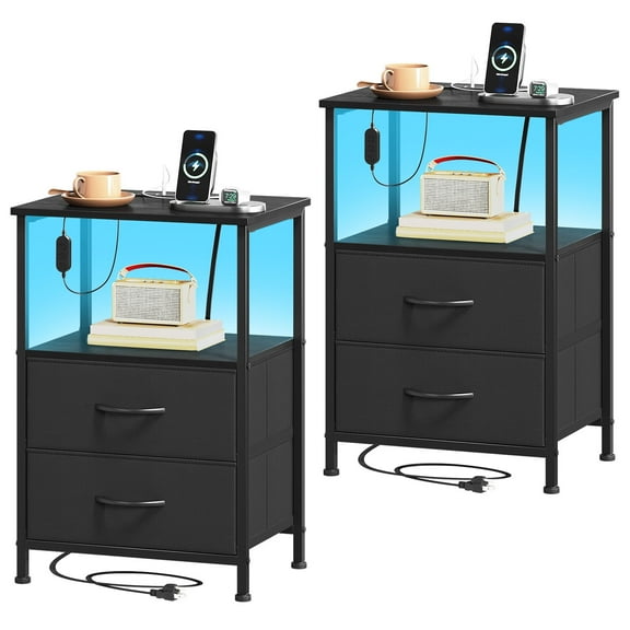 Eunos 2 Drawer Black Nightstand set of 2 with Charging Station and LED for Bedroom, Living Room