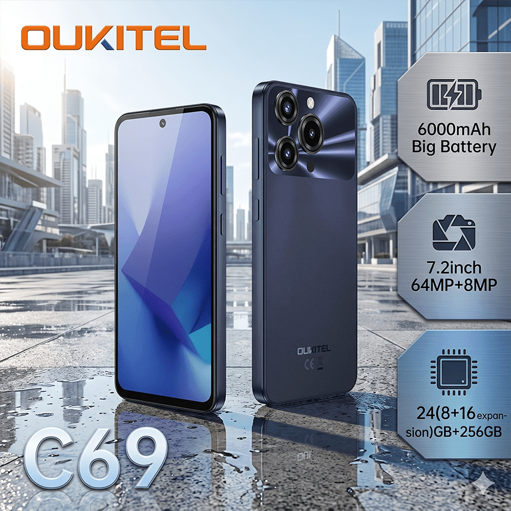 Unlocked Cell Phone 24GB(8+16expansion)+256GB OUKITEL C69 Lightweight Smartphone 6000mAh Large Battery 7.2Inch 64MP+8MP Mobile Phone for Urban Elites Daily Use