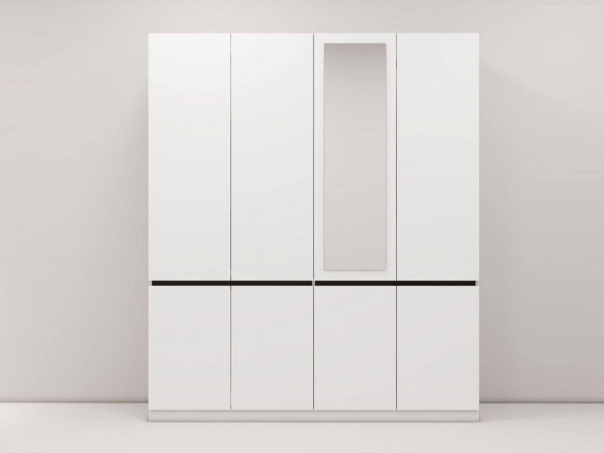 Modern Minimalist Style Wardrobe Armoire，Four-Door Pull-Free Silver Mirror Wardrobe with Built-In Mirrors (White,W62.99 x D20.47x H74.02)
