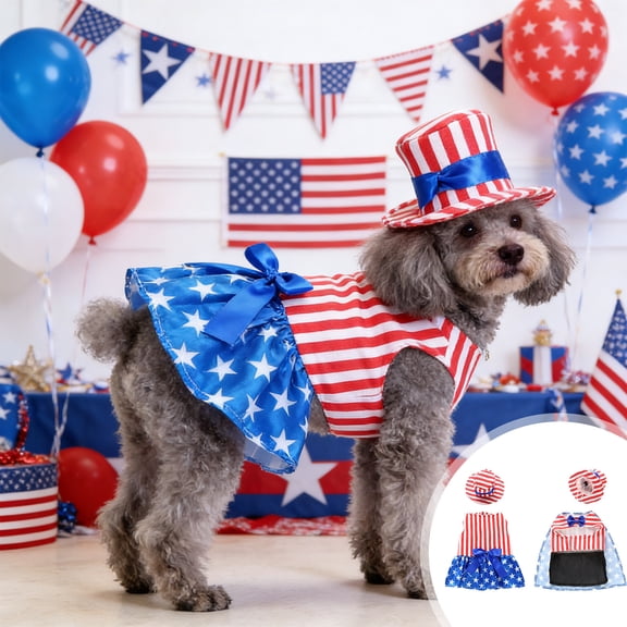 Yhmxh 2 Pcs 4th of July Dog Outfit Memorial Day Dog Costume Set Includes Top Hat, American Flag Cape/Dress Patriotic Pet Outfit for Dogs Cats Puppy Kitten