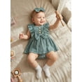 thumbnail image 5 of Aojekbee Baby Girls Rompers Solid Color Ruffles Sleeveless Crew Neck Bowknot Skirt Hem Infant Bodysuits Jumpsuits with Headband, 5 of 8