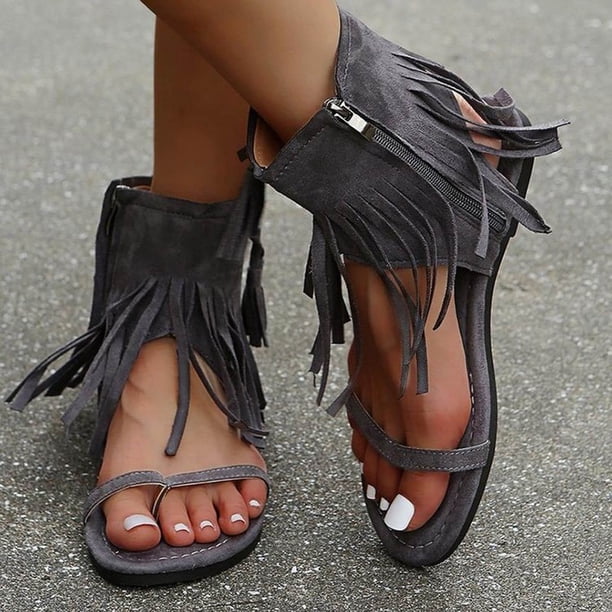 Sandalias romanas con punta de jersey y cremallera lateral plana, transpirables, informales, vintage, para mujer Wmkox8yii nm2432