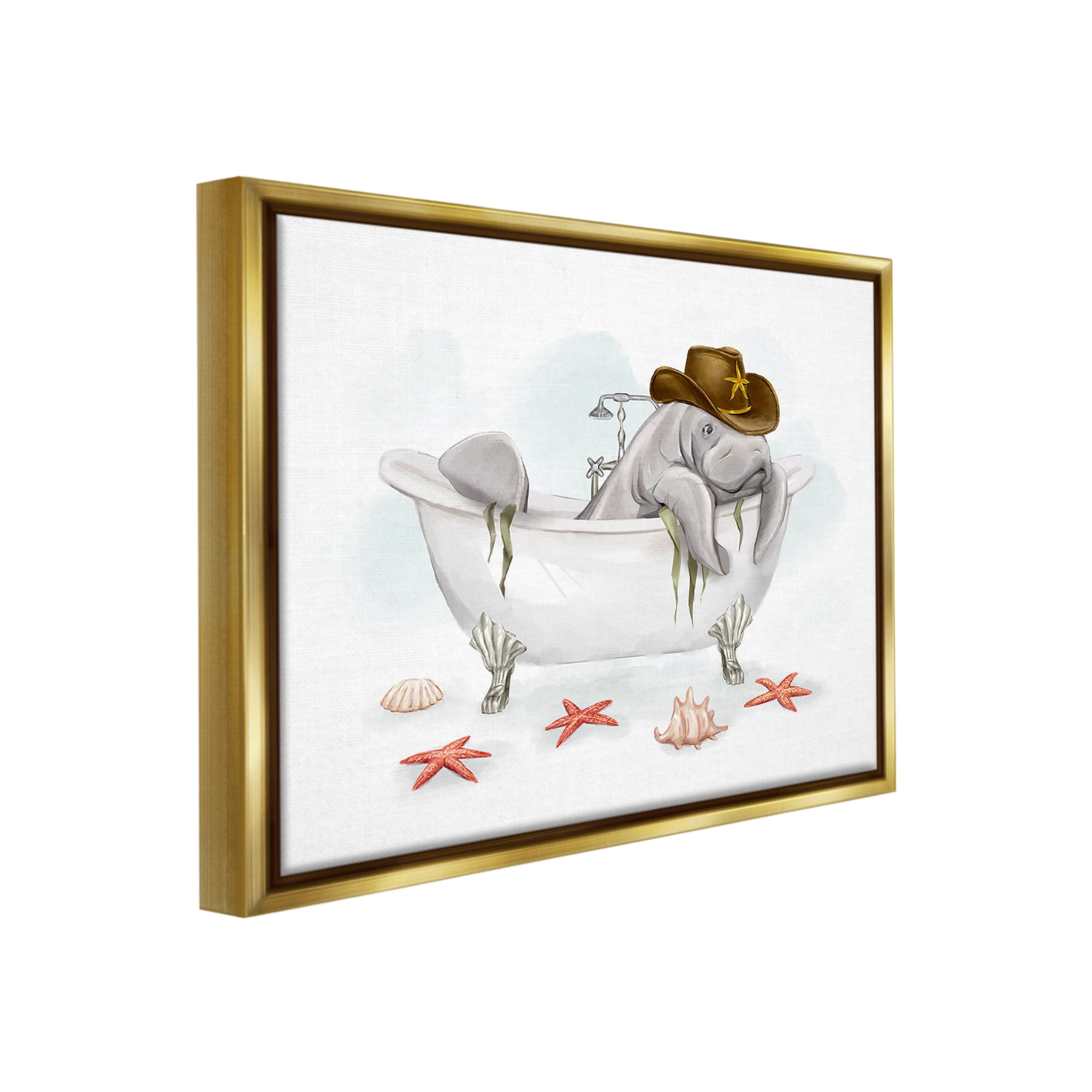 Stupell Industries Cowboy Manatee in Tub Animals & Insects Painting Gold Floater Framed Canvas Art Print Wall Art, 31 x 25