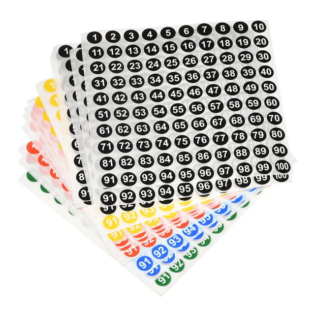 Unique Bargains Number Stickers, 1-100 round vinyl labels in five colors displayed in sheets. Made of self-adhesive PVC material, these stickers are ideal for sorting boxes, lockers, storage bins, bottles, and organizing office or school supplies. Each sticker has a 10mm diameter and features clear, fade-resistant numbers.