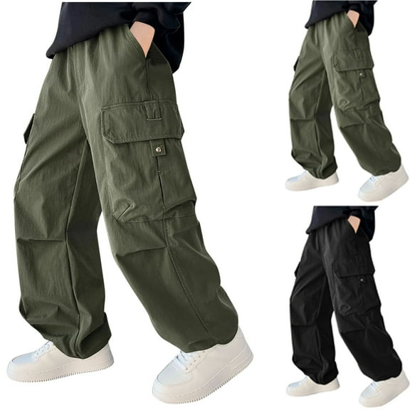 MKOSPLRT 6-16 Years Cargo Pants for Boy Elastic Waist Ruched Knee Wide Leg Pants Solid Baggy Hiking Joggers with Pockets