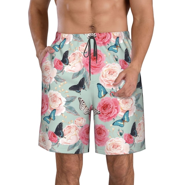 Sikiie Roses and Butterflies Print Men's Beach Shorts, High Elastic Quick-drying Shorts - with Drawstring and Slip Pockets, Suitable for Beach, Sports, Vacation-Large