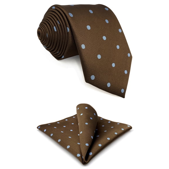 Necktie for Men Brown with Blue Dots for Suits Elegant Gift Set with Matching Pocket Square 57.5"