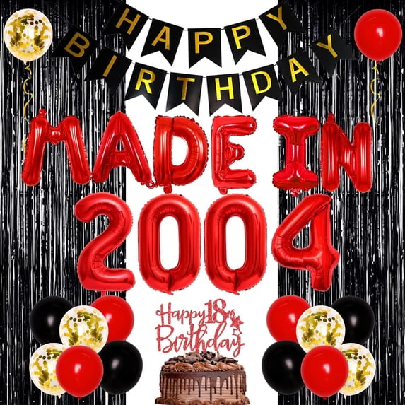18th Birthday Decorations Red and Black, 18 Years Old Party Supplies, Made In 2004 Foil Balloons Happy 18th Birthday Cake Topper Fringe Curtain for Boys and Girls 18th Bday Decorations