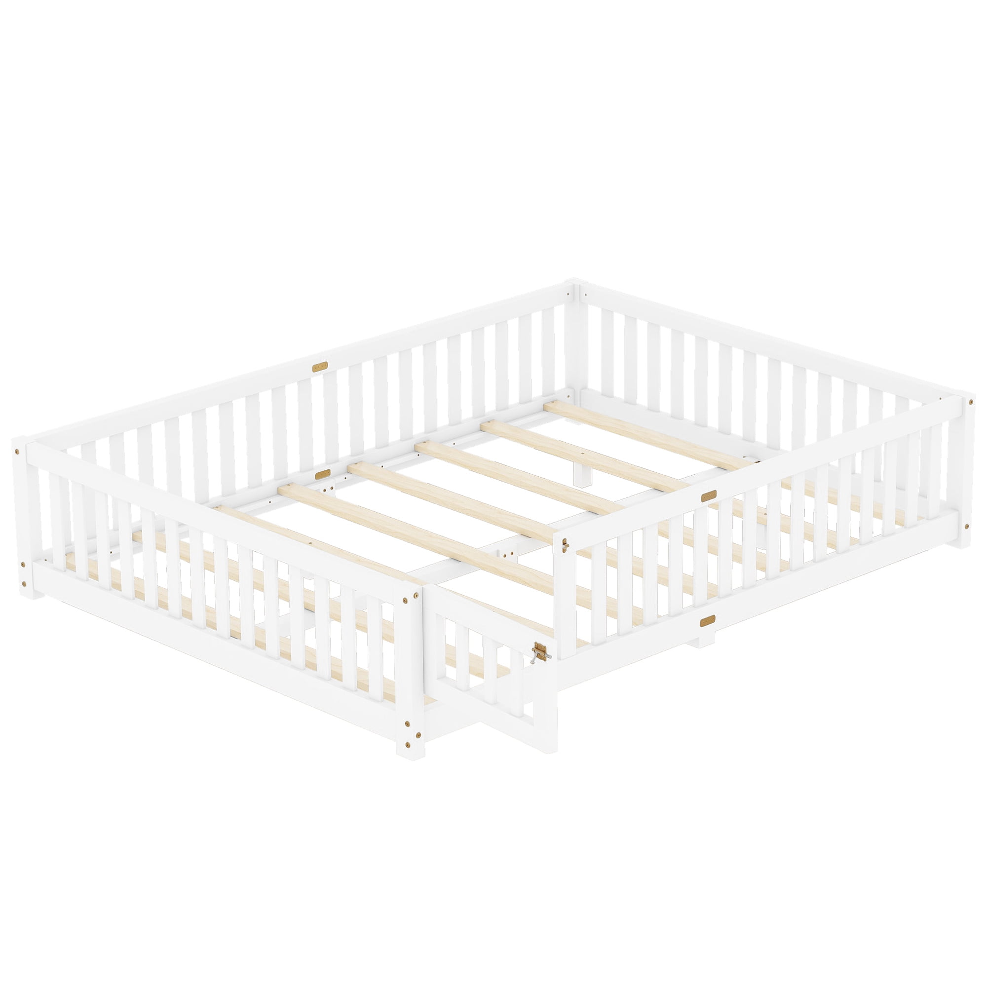 Aukfa Queen Size Floor Bed for Kids, Girls, Boys, Wood Montessori Bed Frame with Safety Guardrails and Door, White