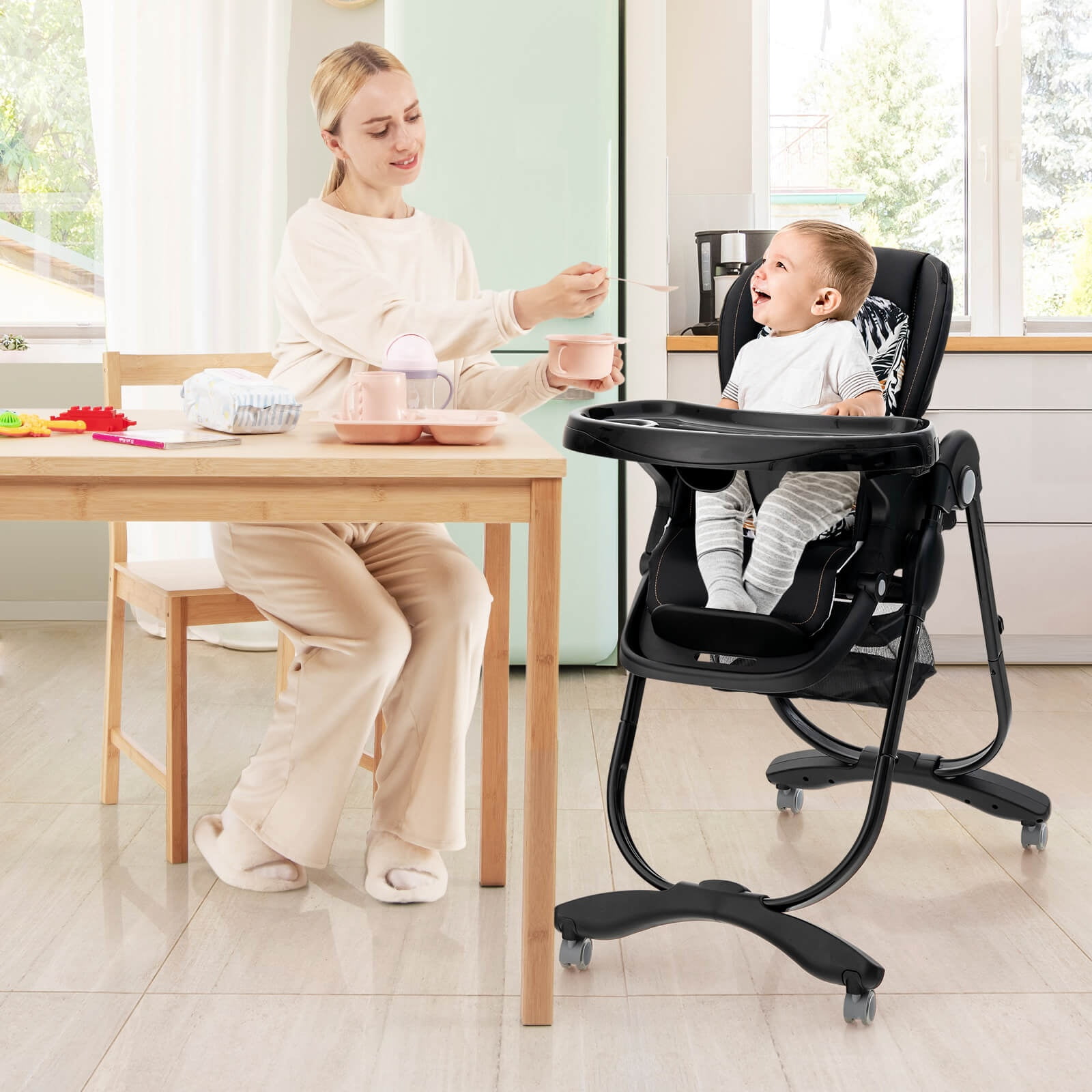 Infans High Chair for Babies & Toddlers w/ Rolling Wheels Adjustable Height Footrest