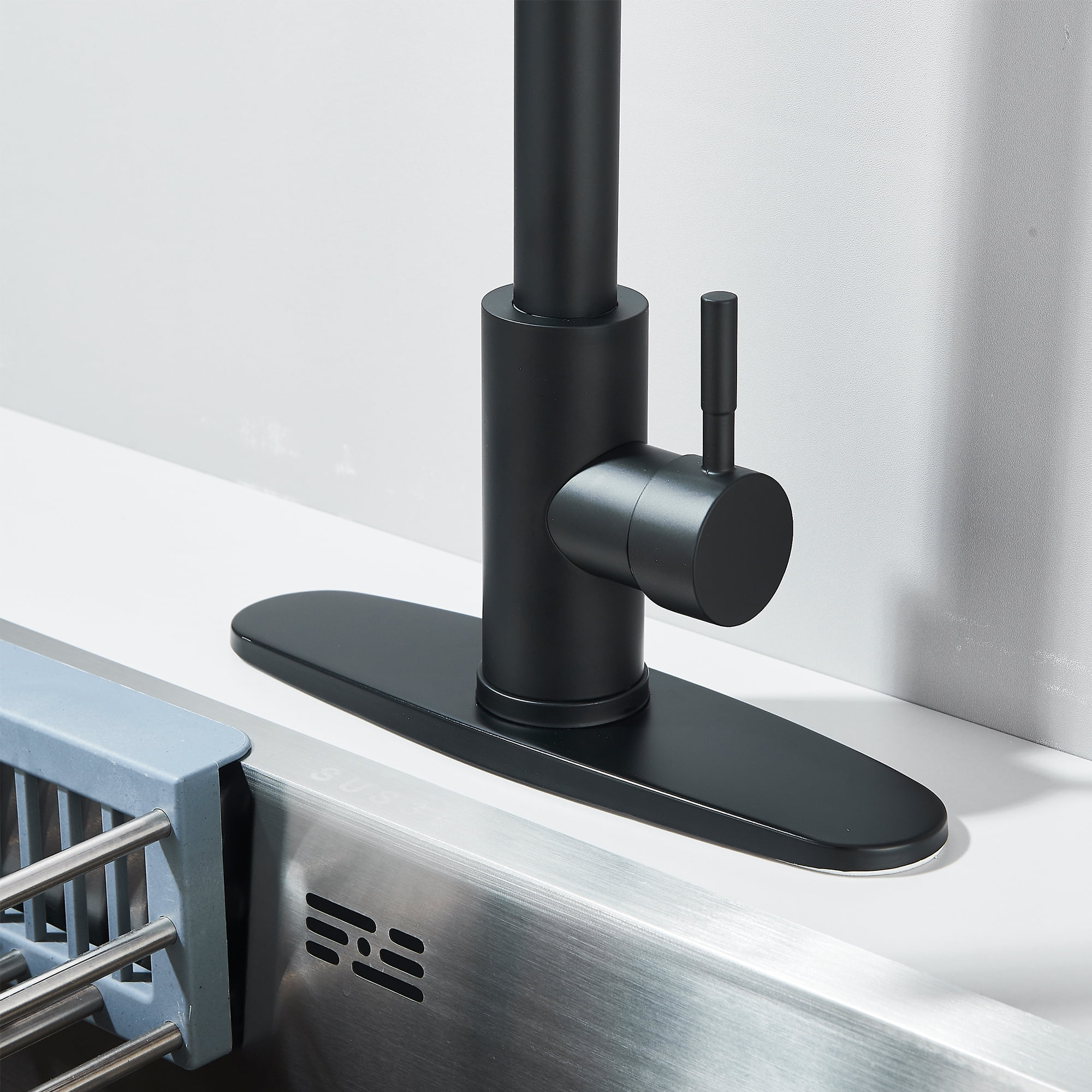 Black Kitchen Faucets with Pull-Down Sprayer , 2.5GPM High Arc Single Handle, Stainless Steel, with Deck Plate, for Farmhouse Camper Laundry Rv Bar