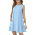 thumbnail image 3 of Delliss Girls' Solid Color Sleeveless Dress With Pockets Summer Casual Round Neck Dress Light Blue 11 Years, 3 of 9