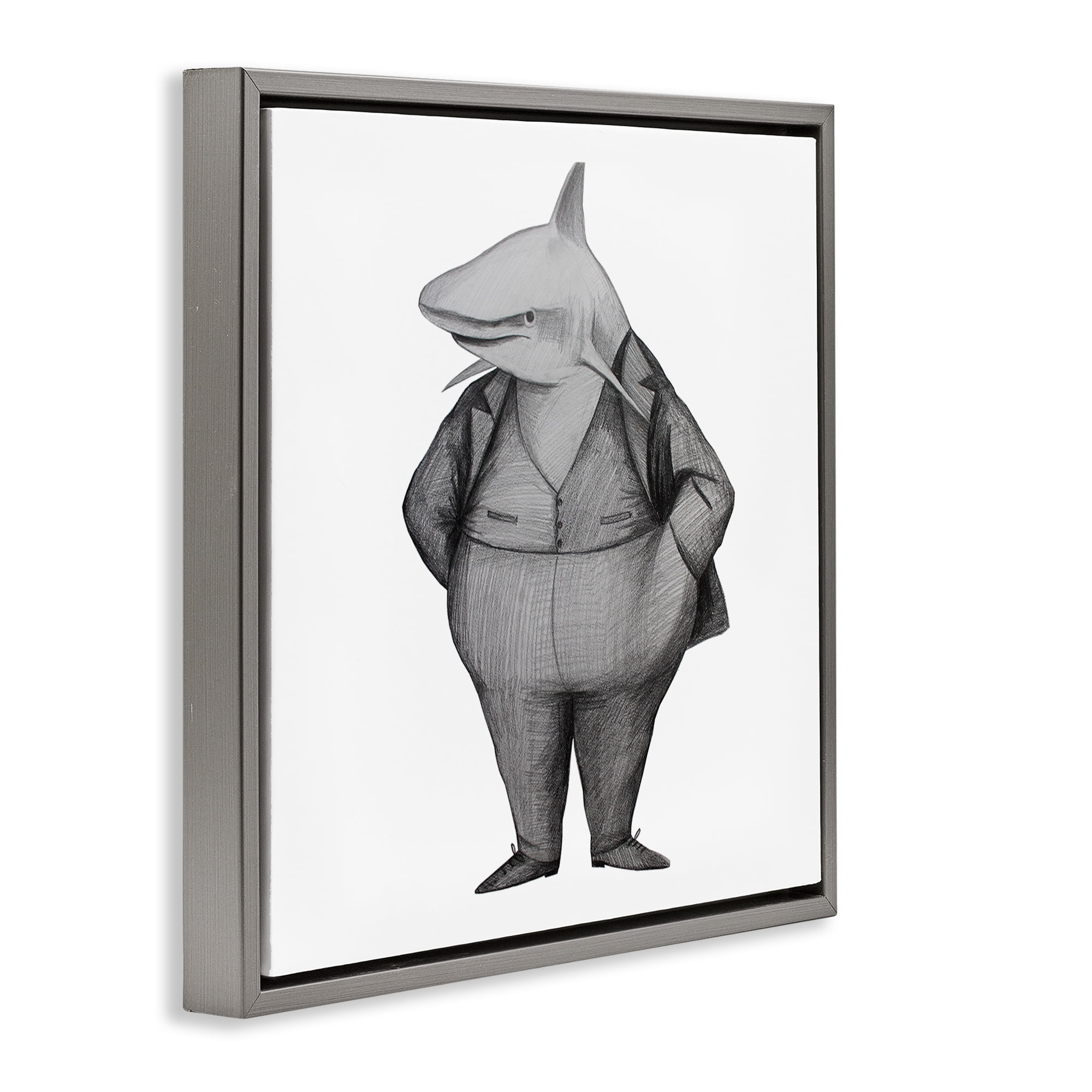Stupell Industries Shark In Suit Drawing Gray Framed Floater Canvas Wall Art, design by Violeta Vollmer
