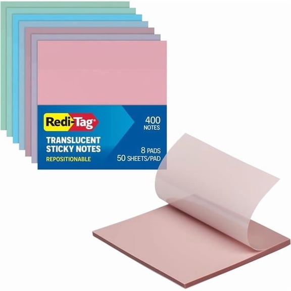 TOPS Products Redi-Tag 3 x 3 in. Translucent Sticky Notes, Pastel Colors - 400 Sheets - Pack of 8