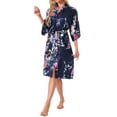 thumbnail image 4 of Womens Satin Robes Floral V-Neck 3/4 Sleeve Bride Bridesmaids Nightgown Peacock Print Bathrobe S Navy, 4 of 5