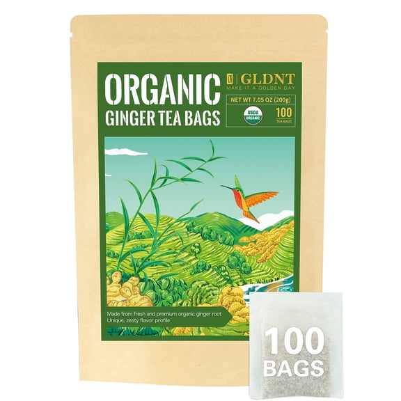 GLDNT Organic Ginger Tea Bags, Ginger Root Herbal Tea, Spicy & Zesty Flavor, Caffeine Free, 100Count