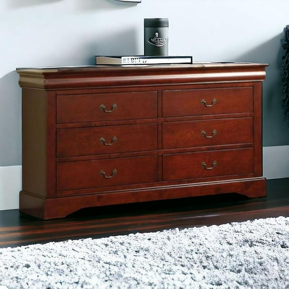 HomeRoots 60" Cherry Manufactured Wood Six Drawer Double Dresser