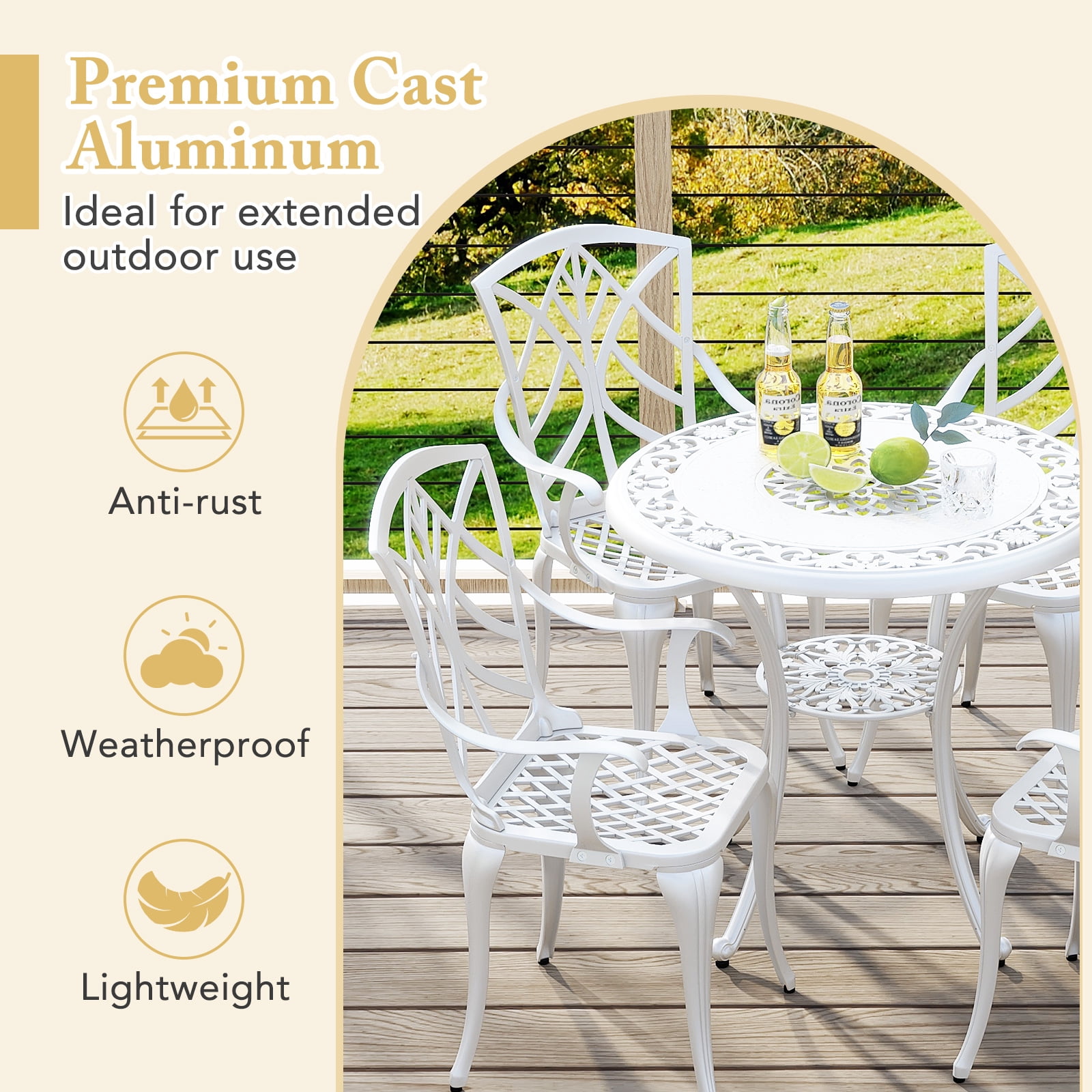 Gymax Outdoor Dining Chairs Set of 4 All Weather Cast Aluminum High Back Patio Chairs w/ Armrest for Backyard Garden Balcony White