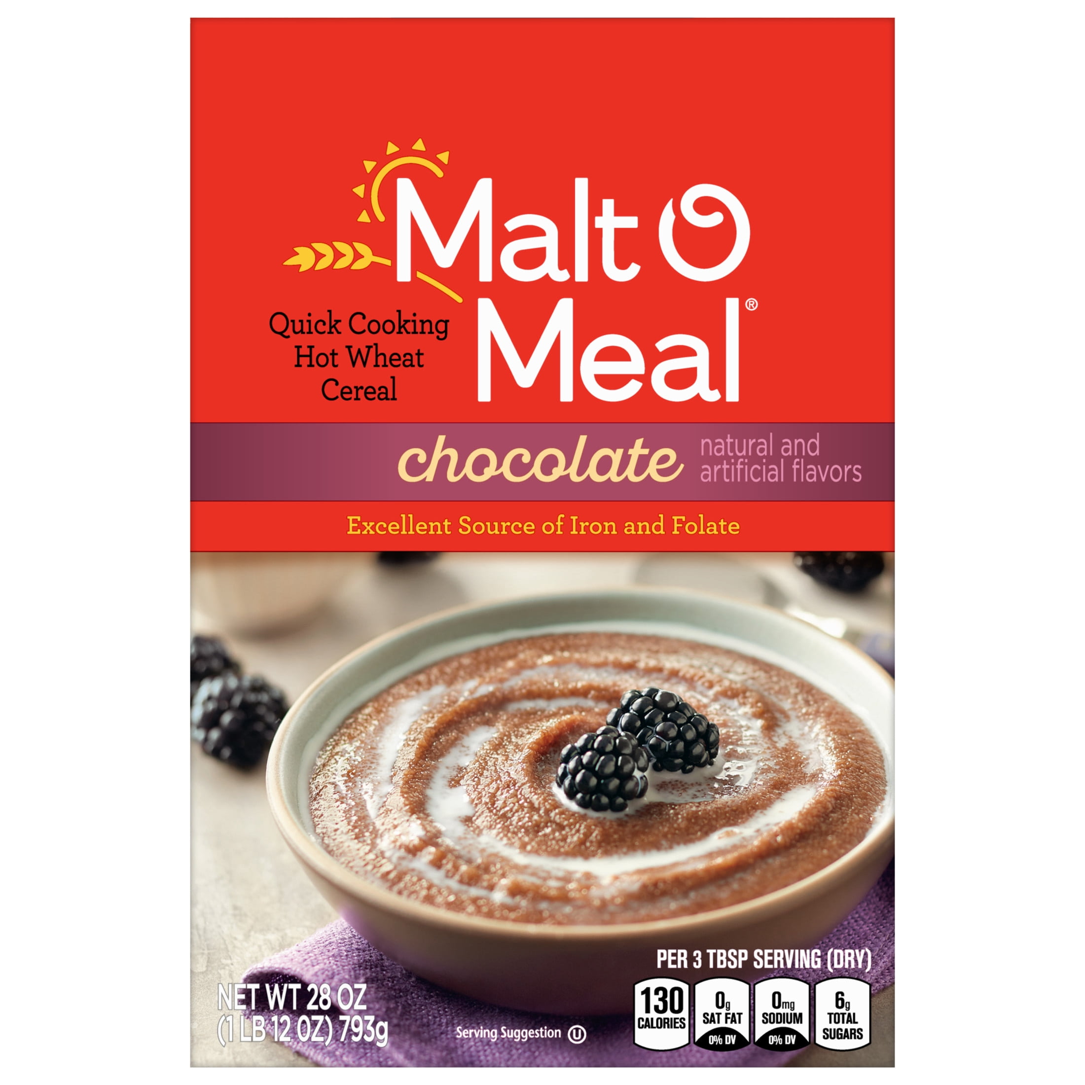 Malt-O-Meal Chocolate Hot Wheat Cereal, Quick Breakfast, Iron & Folate, 28 oz Box
