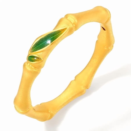 ZHOU LIU FU 24K Solid Gold Bamboo Ring for Women Green Enamel Leaf Pattern Elegant Ring for Daily Outfit Bamboo Band for Women Size 5.5