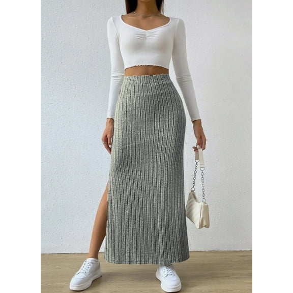 Womens Vintage Style Ribbed Knit Skirt High Waist Elastic Band with Side Slit