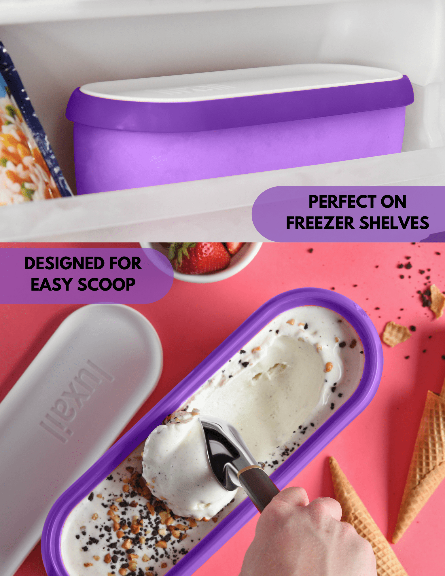Luxail Ice Cream Container with Lids, BPA Free Plastic, Double Insulated, 1.5 Quart, Purple