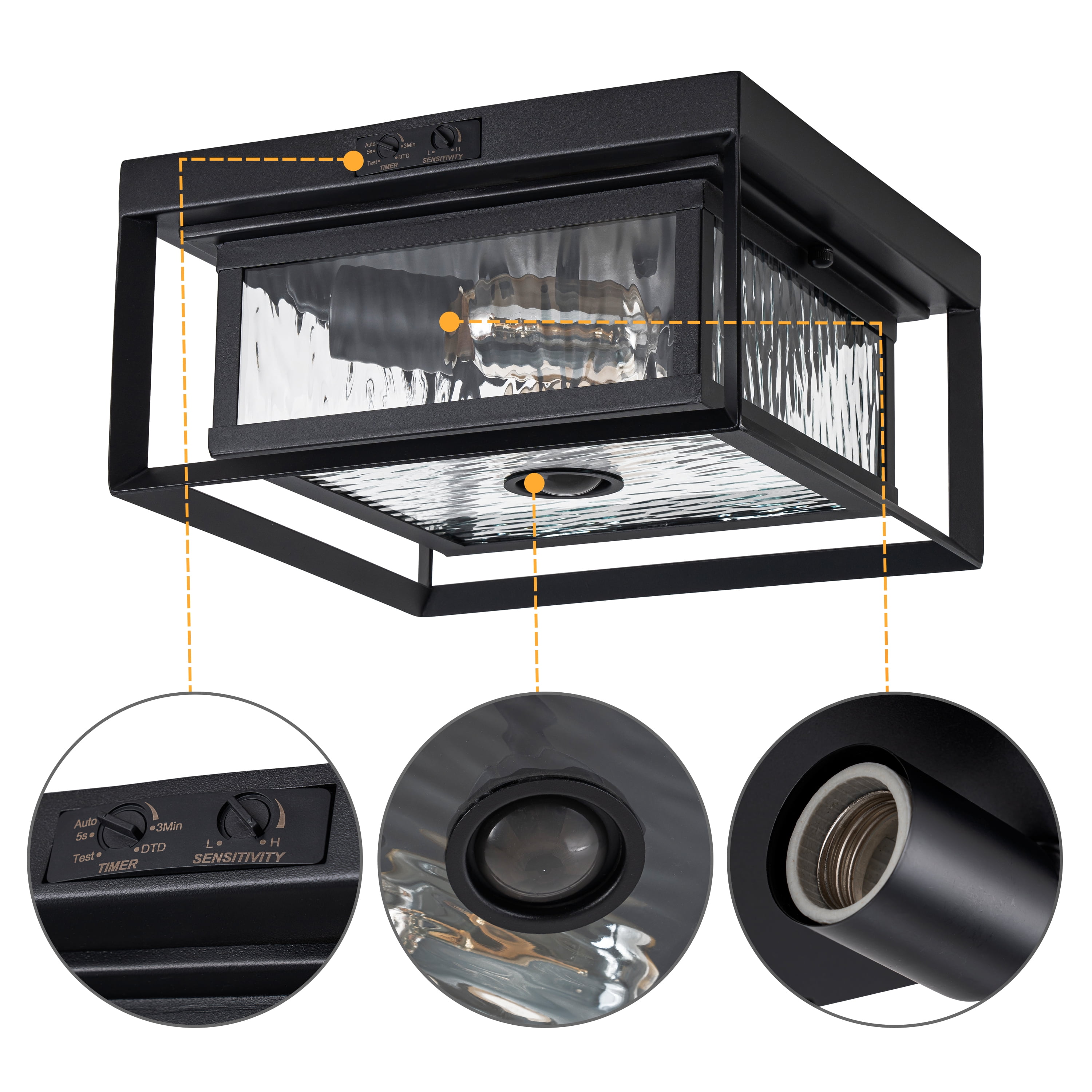 C Cattleya Motion Sensor Dusk to Dawn Outdoor Flush Mount Ceiling Light with Clear Water Glass Shade